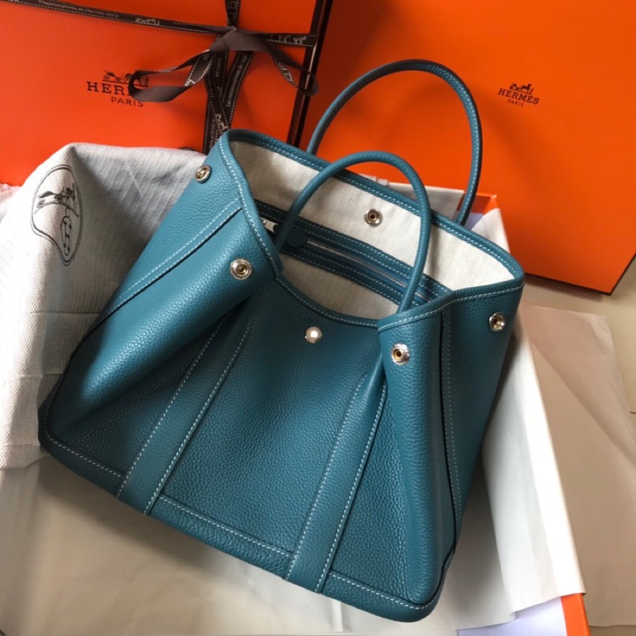 Hermes Garden Party 36cm Tote Handbag In Blue Jean Clemence Leather